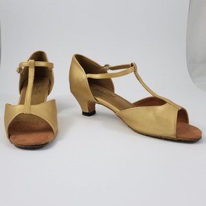 6 Wide Very Fine gold ballroom t-strap dance shoes with low heel suede sole